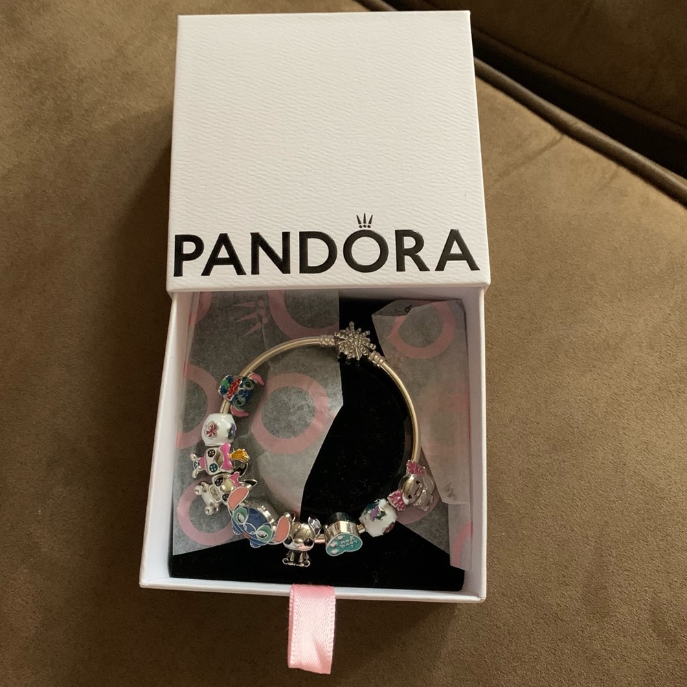 NEW Pandora Fireworks Bangle Bracelet w/ 9 Disney Lilo & Stitch Theme Charms